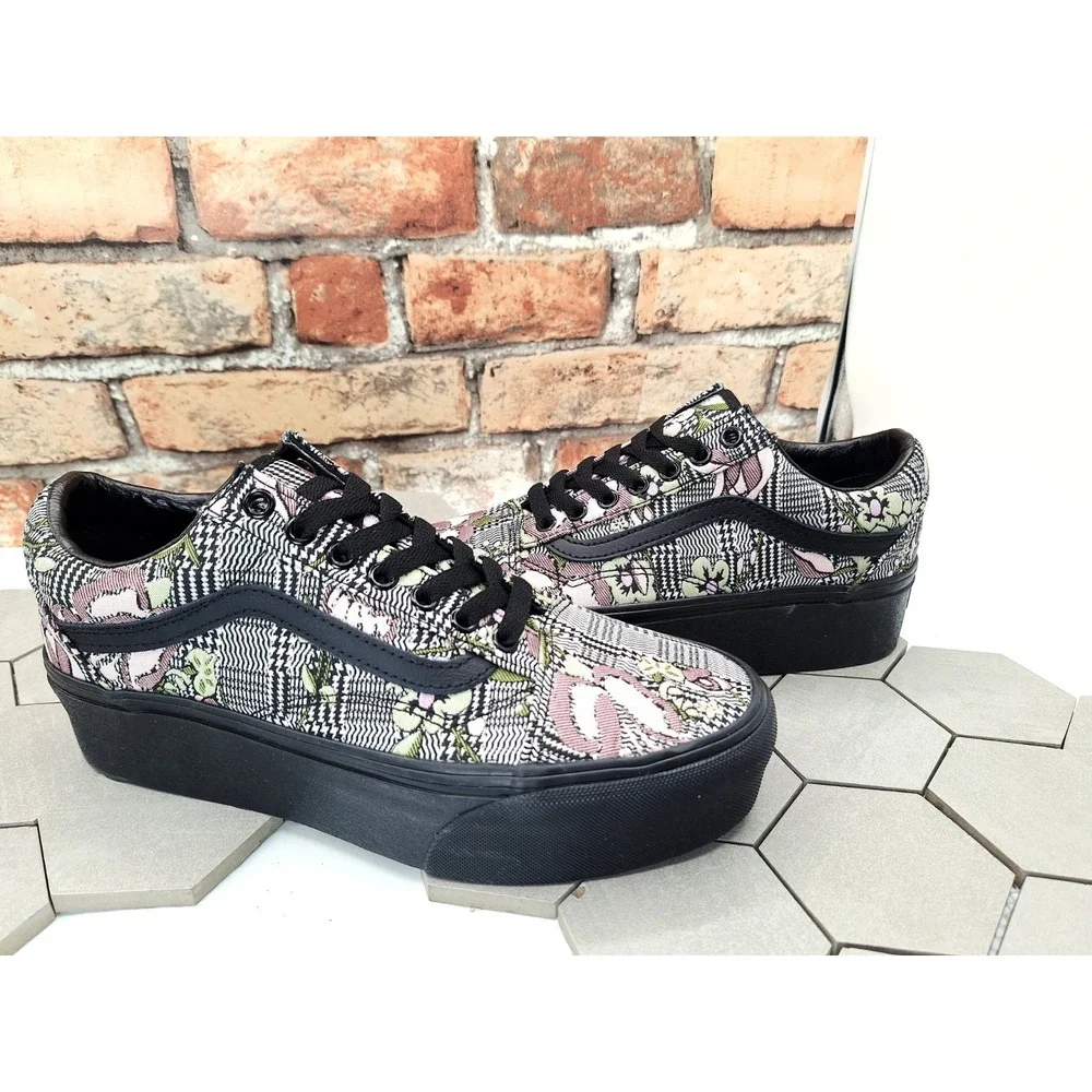 Vans Old Skool Stackform Tapestry Floral Black Platform Shoes Women 5.5 Youth 4